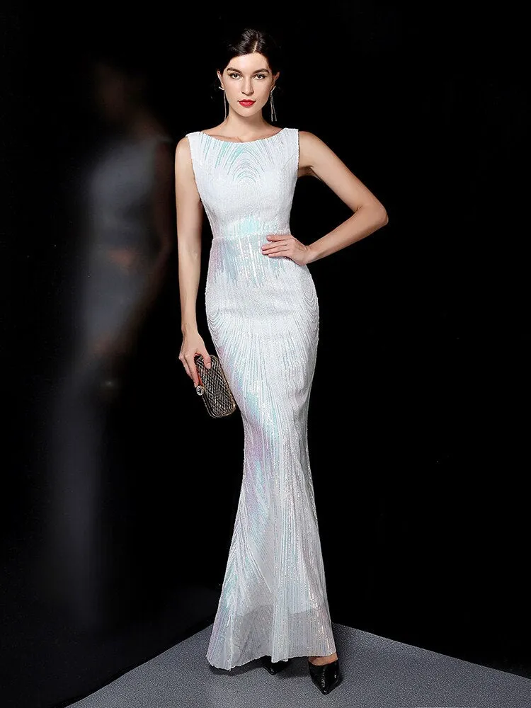 O-neck Sleeveless Shinning Sequins Elegant Mermaid Evening Dress Women Formal Floor Length Party Prom Gowns Stretch Robe