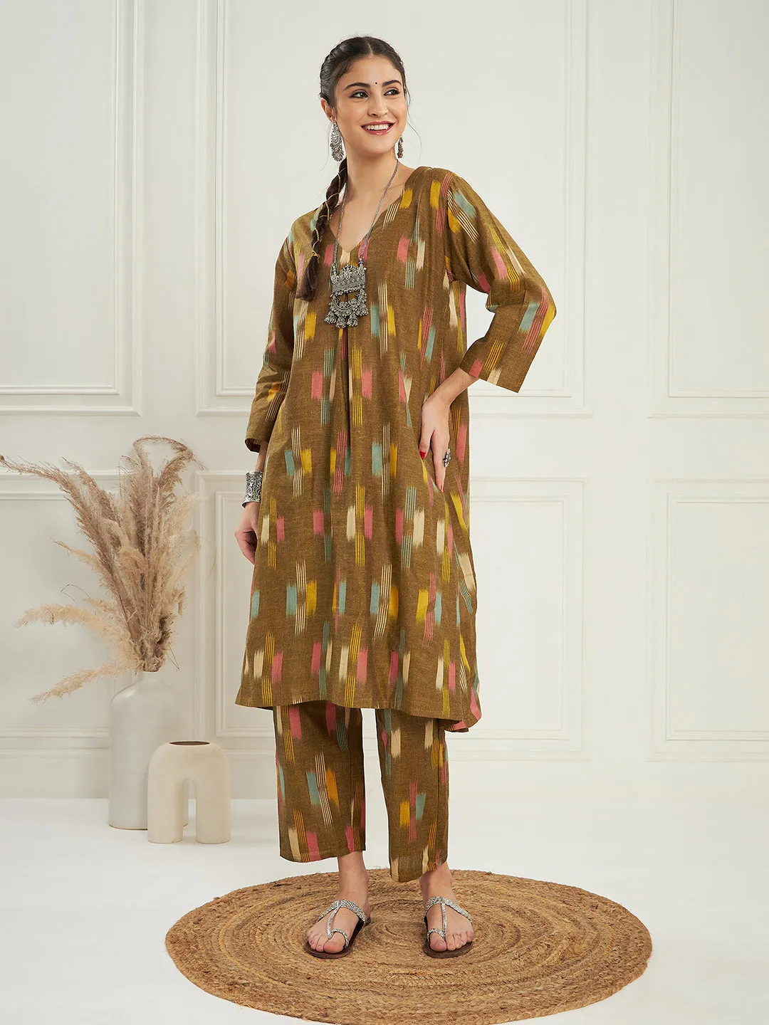 Olive Ikkat Print V Neck Kurta Pant Set