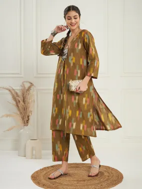 Olive Ikkat Print V Neck Kurta Pant Set