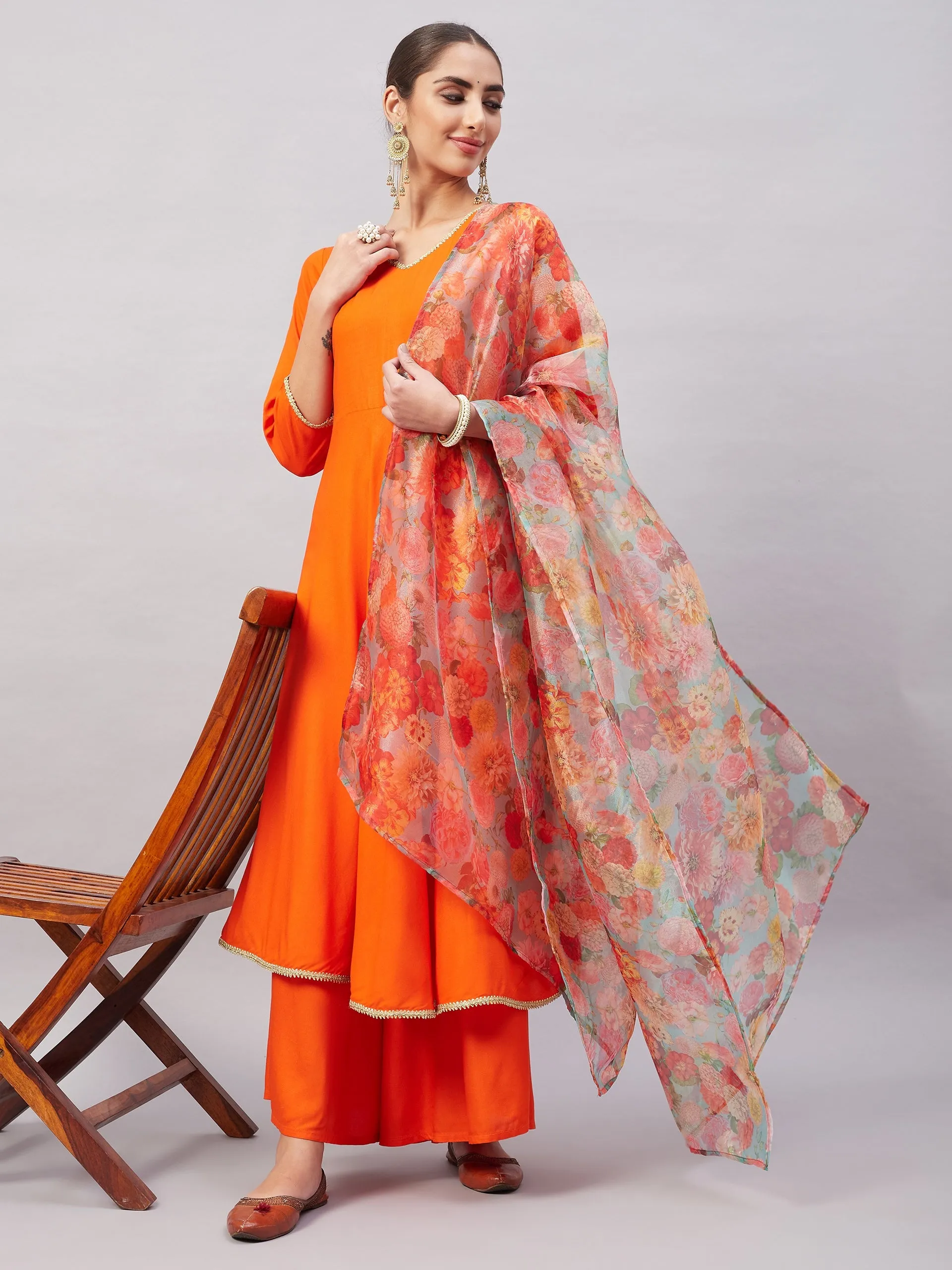 Orange Gota Long Anrkali Kurta Set W Green Organza Dupatta