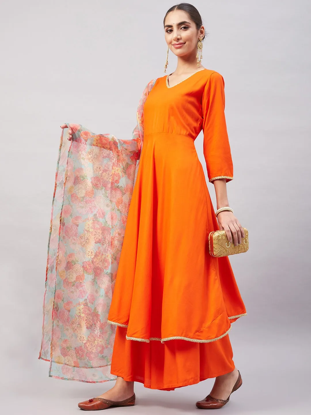 Orange Gota Long Anrkali Kurta Set W Green Organza Dupatta