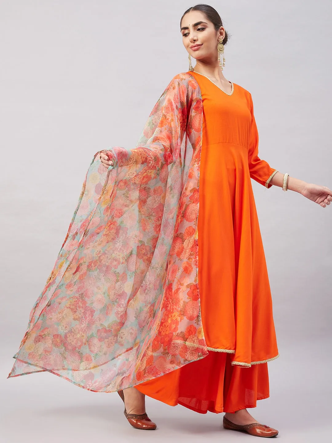 Orange Gota Long Anrkali Kurta Set W Green Organza Dupatta