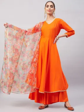 Orange Gota Long Anrkali Kurta Set W Green Organza Dupatta