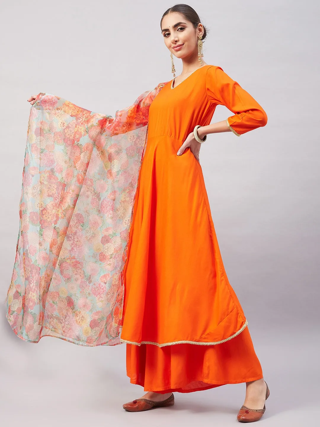 Orange Gota Long Anrkali Kurta Set W Green Organza Dupatta