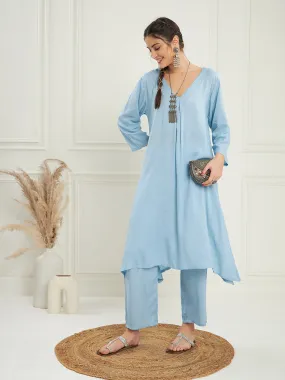 Pastel Blue Solid V Neck Kurta Pant Set