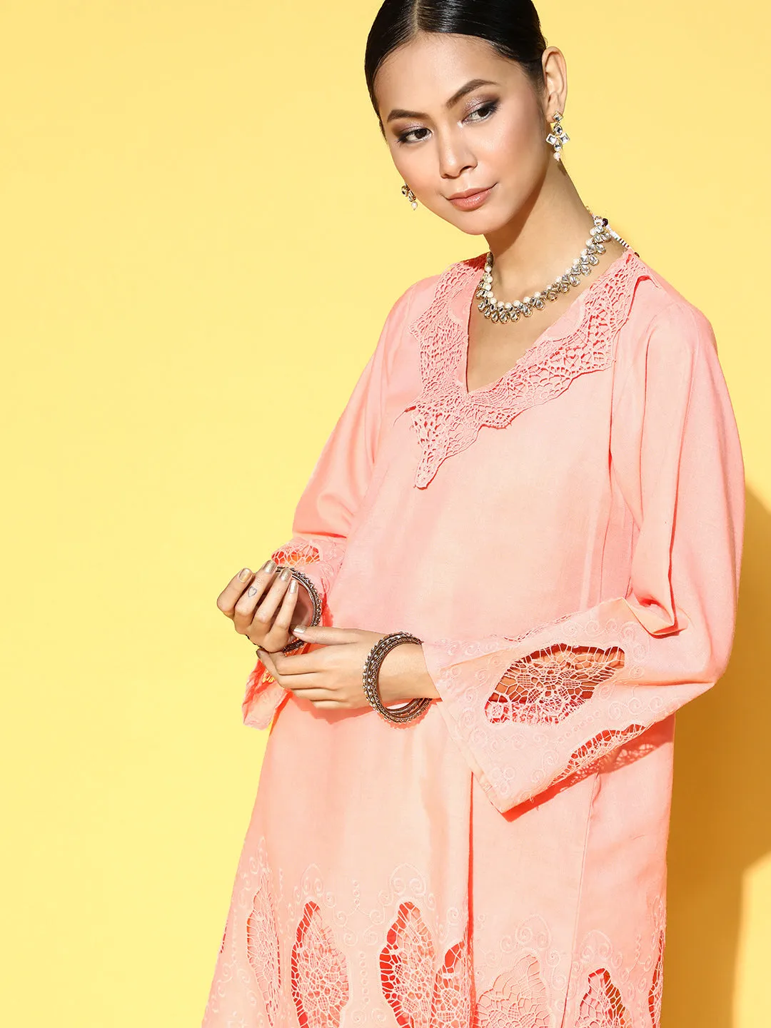 Peach Applique Work Straight Kurta Set