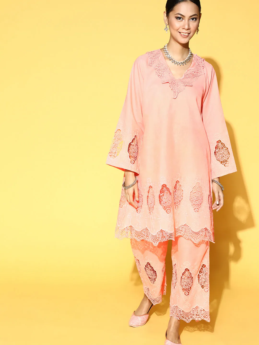 Peach Applique Work Straight Kurta Set