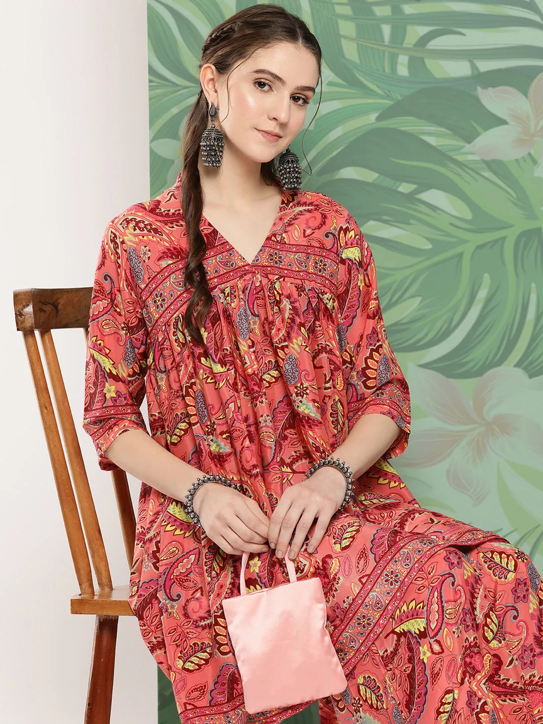 Peach Camelia Printed Ethnic Kurta Set