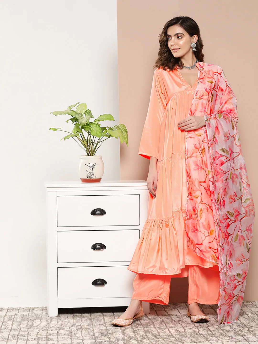 Peach Tiered Anarkali Kurta Set