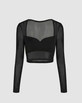 Sheer Mesh Long Sleeve Crop Top In Black