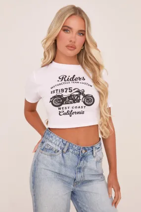 White Moto Cross Graphic Print Cropped T-shirt - Adeline